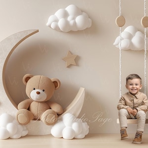 May include: A brown teddy bear sits on a wooden crescent moon with white clouds and stars. A child sits on a swing made of rope and wood with white clouds behind them. The background is a light beige wall.