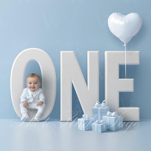 Digital First 1st Birthday Backdrop Background One year Birthday Background Baby Boy Birthday Background Blue Backdrop Number One