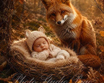 Newborn digital Sleeping Baby backdrop Autumn Forest Background Baby Boy Girl  Photography ideas Insert face Red Fox Nursery Wall Art