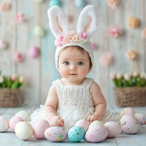 Pâques numérique bébé toile de fond photographie arrière-plan bébé fille lapin oeufs de Pâques photographie idées de Pâques fond coloré pastel