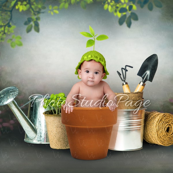 Digital Baby Boy Backdrop, Baby Birthday Background, Gardener, Newborn Baby Photography, Newborn Picture, Photo shoot