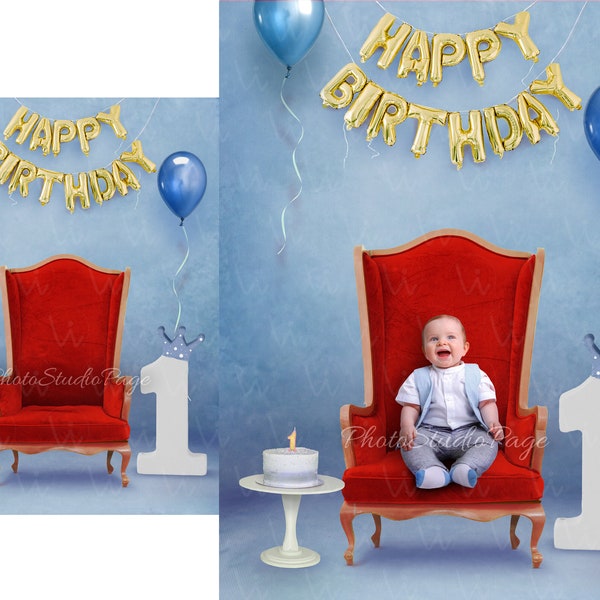 Digital first birthday Backdrop for Baby boy sitting on the chair with crown. Good Birthday memory photography with cake and number one