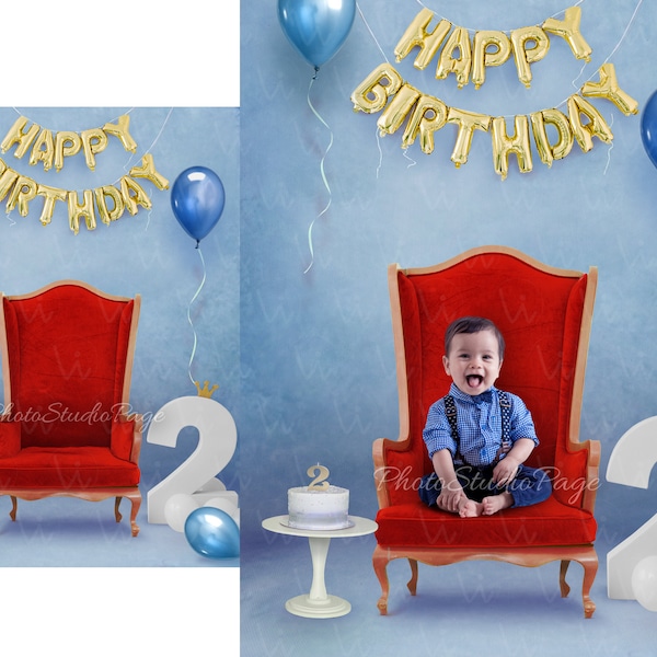 Digital Second Birthday Baby Boy Backdrop, Baby Boy Birthday Gift, Boy on the Red Chair Background, Birthday Cake, Birthday Photography