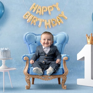 Fondo digital para el primer cumpleaños Fondo para cumpleaños de un año Fondo para cumpleaños de bebé niño Fondo azul con columpio, número uno
