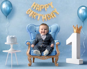 Digital First Birthday Backdrop Background One year Birthday Background Baby Boy Birthday Background Blue Backdrop with Swing, Number One