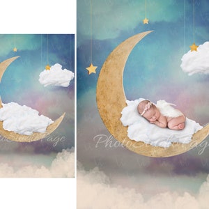 Newborn Digital Backdrop, Background, Beautiful Angel Baby Digital Background, Newborn Photography, On the moon with clouds and stars