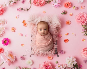 Floral Digital Newborn Backdrop on pink Background with flowers. Digital photography for Newborn.