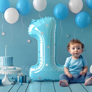 Digital First 1st Birthday Backdrop Background, One year Birthday Background, Baby Boy Birthday Blue Backdrop with balloon and cake