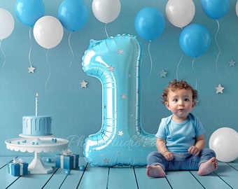 Digital First 1st Birthday Backdrop Background, One year Birthday Background, Baby Boy Birthday Blue Backdrop with balloon and cake