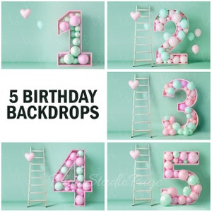 Lot de 5 arrière-plans de décors numériques de ballons d'anniversaire pour bébé fille garçon Service de retouche Photoshop
