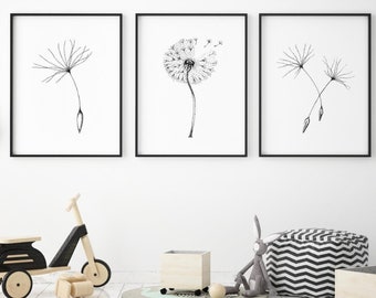 Dandelion flower art set of 3 prints for living room wall decor. Floral minimalist art print set.