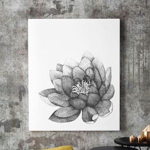 Grau Yoga Studio Wandkunst - Lotus Blumendruck. Monochrome florale Fine Art - Seerosen dotwork
