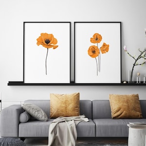 Poppy botanical print set of two prints for instant download, burnt orange floral living room printable wall art set