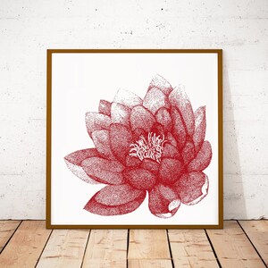 Könnte beinhalten: Eine stilisierte Illustration einer Lotusblume in Rot und Weiß, gerahmt in einem braunen Holzrahmen.