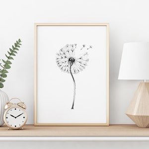 Dandelion flower painting, black white minimalist wall art, printable floral art, bedroom wall decor, botanical living room print, flowers