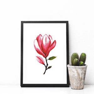 Magnolia Blume Druck Kunst, rosa Schlafzimmer Wand-Dekor, Blumenposter, Magnolien Malerei, Acryl-Blumen-Kunst, druckbare Wohnkultur, Kraut Druck