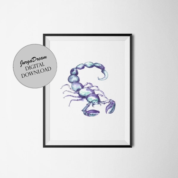 Scorpio Zodiac sign nursery wall art print, Purple blue zodiac printable poster, Scorpion watercolor painting