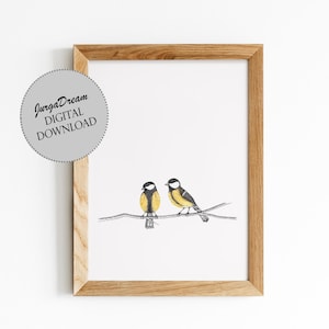 Kohlmeise DRUCKBARE Kunst. TittenMalerei für Küchen Wanddekoration. Sofort herunterladbare Zwei Vögel Illustration.