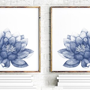 Floral Set of 2 Prints. Navy Blue Lotus Flower Wall Art for Living Room ...