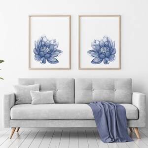 Lotus Flower Navy Blue Wall Art Set of 2 Printables for Living Room ...