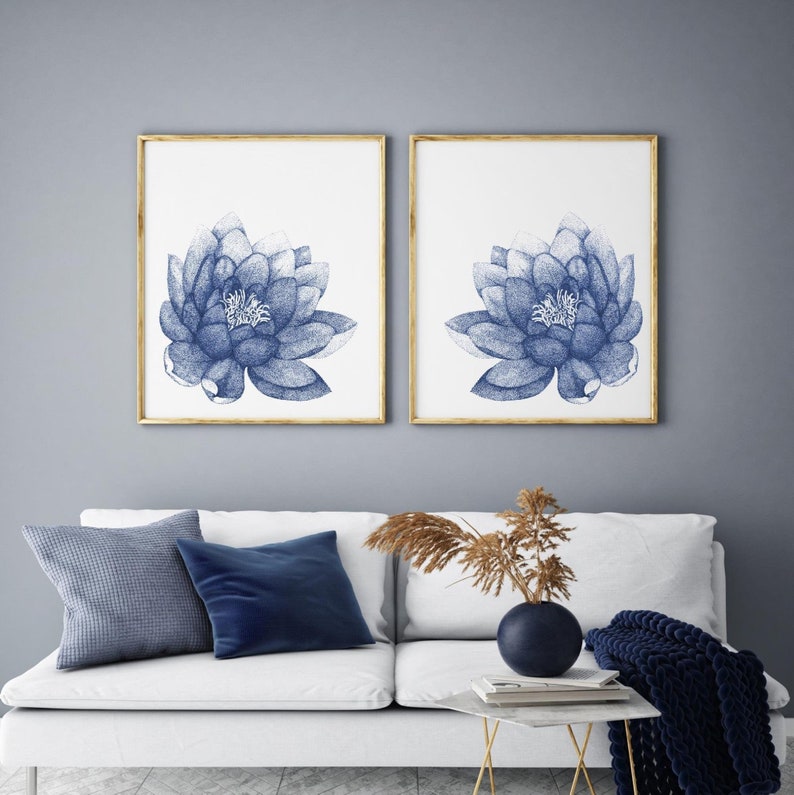 Floral Set of 2 Prints. Navy Blue Lotus Flower Wall Art for - Etsy