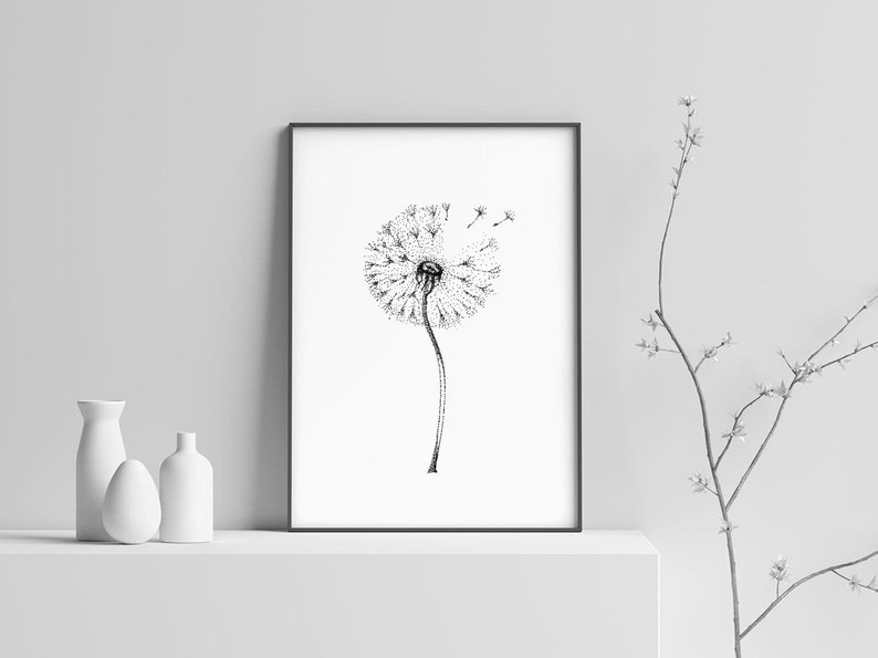 Dandelion Wall Art, Gray Flowers Print, Living Room Wall Decor Art