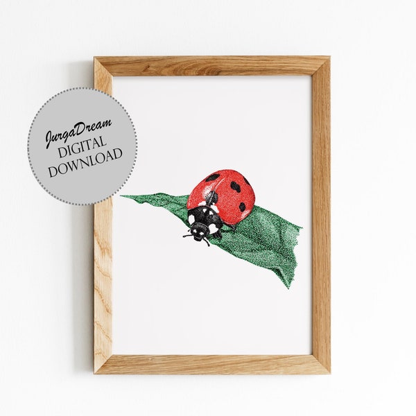 Ladybird ink dotwork for nursery bug theme wall decor. Ladybug painting instant downloadable - animals posters