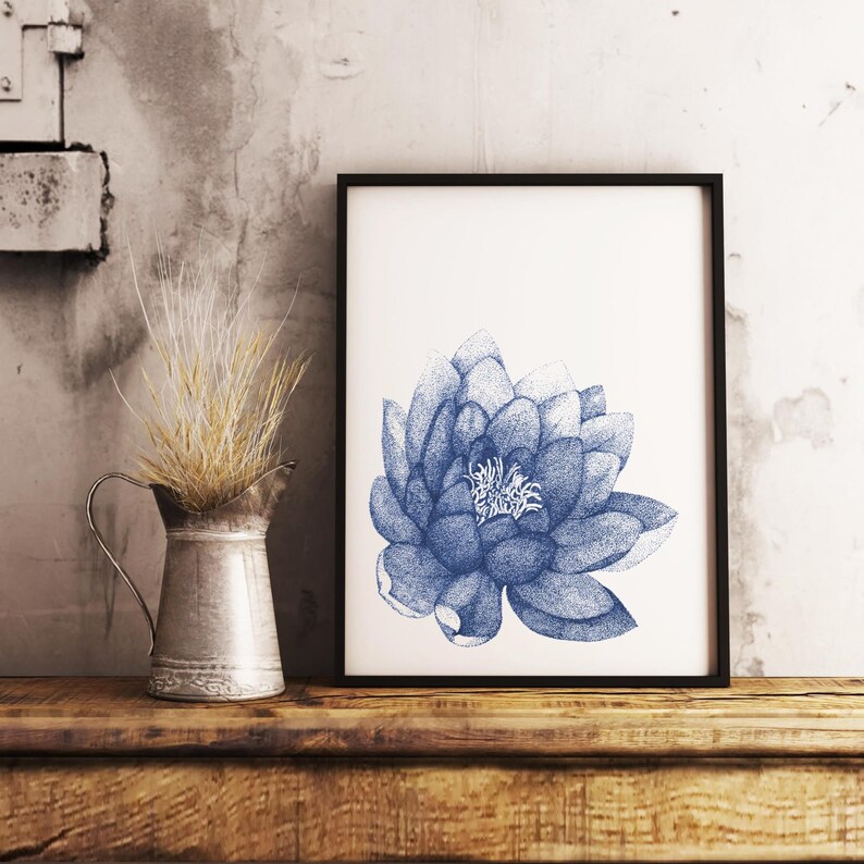Floral Printable Painting of Navy Blue Lotus Flower for Living - Etsy