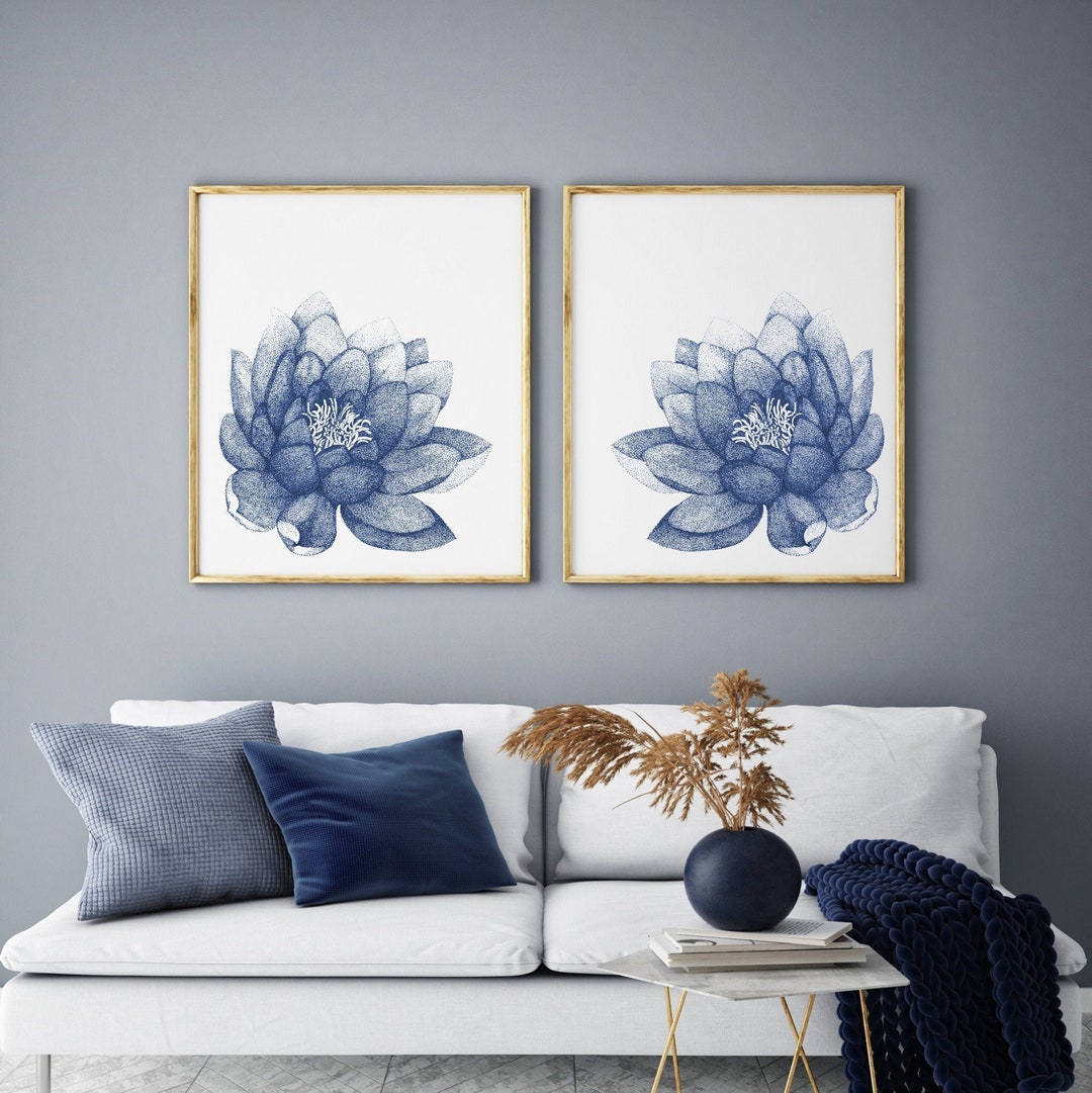 Lotus Flower Navy Blue Wall Art Set of 2 Printables for Living Room ...
