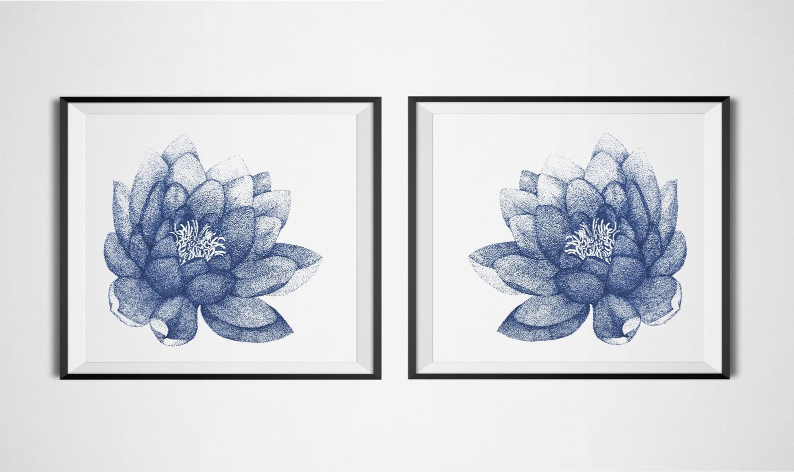 Floral Set of 2 Prints. Navy Blue Lotus Flower Wall Art for - Etsy