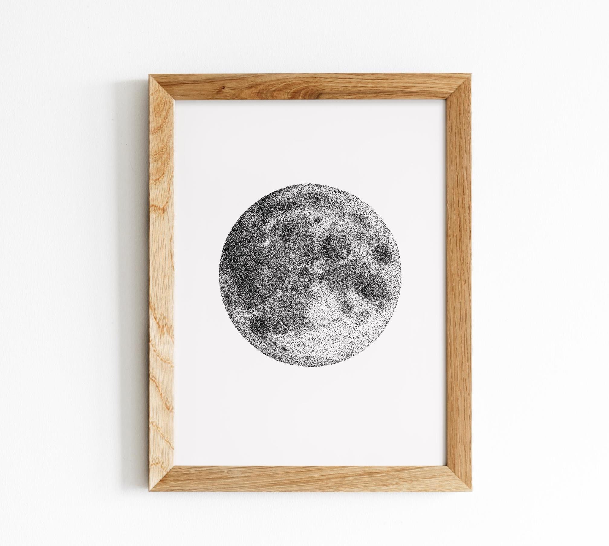 Stippled Full Moon Painting Digital Print. Lunar Phases Gray