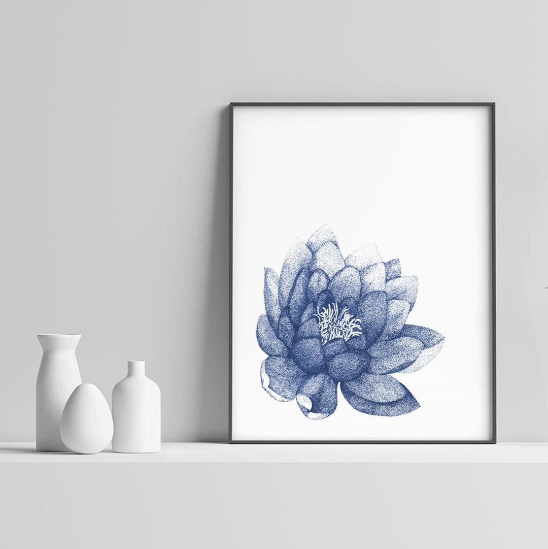 Floral Printable Painting of Navy Blue Lotus Flower for Living Room ...
