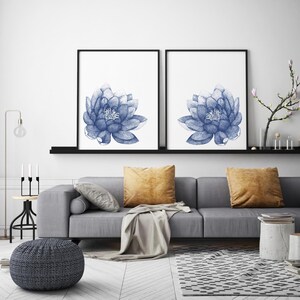Floral Set of 2 Prints. Navy Blue Lotus Flower Wall Art for Living Room ...