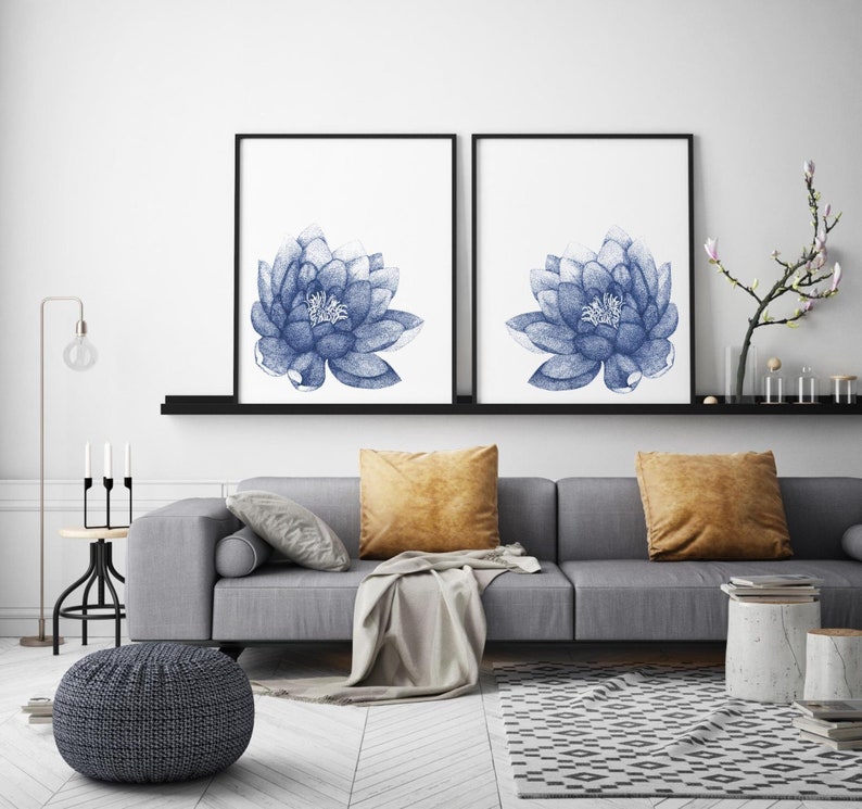 Floral Set of 2 Prints. Navy Blue Lotus Flower Wall Art for - Etsy