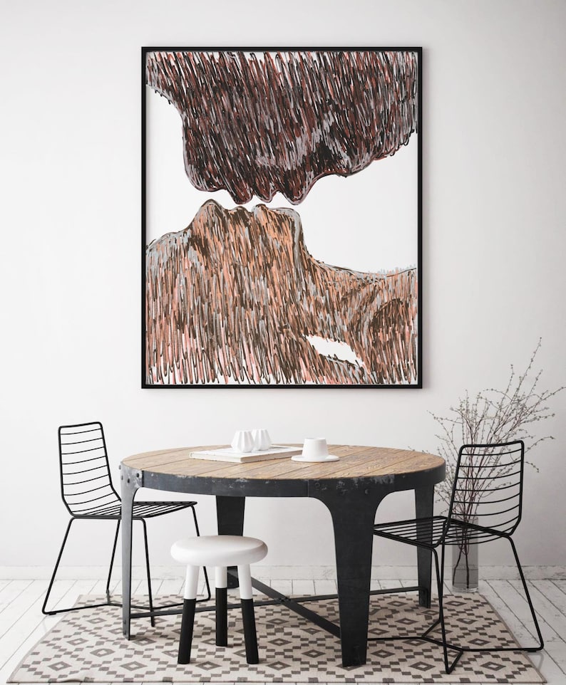 Interracial Couple Love Art Print. Erotic Kiss, Passion Painting a