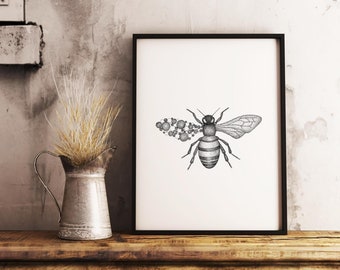 Honey bee gifts, bee print instant downloadable. Monochrome bees wall art.