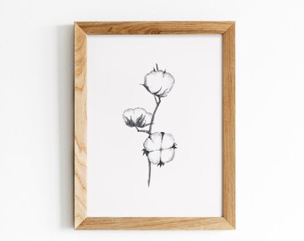 Cotton plant minimalist ink painting print. 2nd wedding anniversary gift for husband under 20.