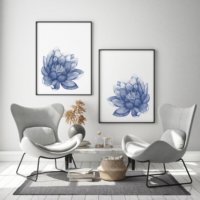 Floral Set of 2 Prints. Navy Blue Lotus Flower Wall Art for - Etsy