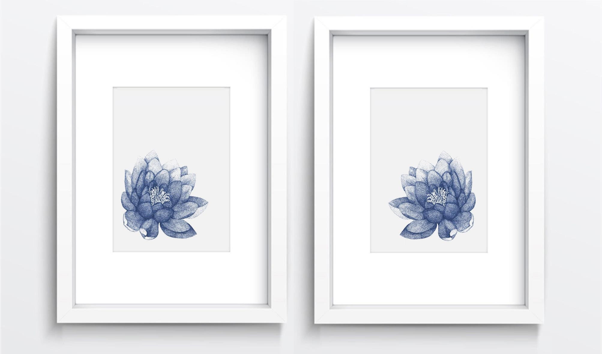 Floral Set of 2 Prints. Navy Blue Lotus Flower Wall Art for Living Room ...