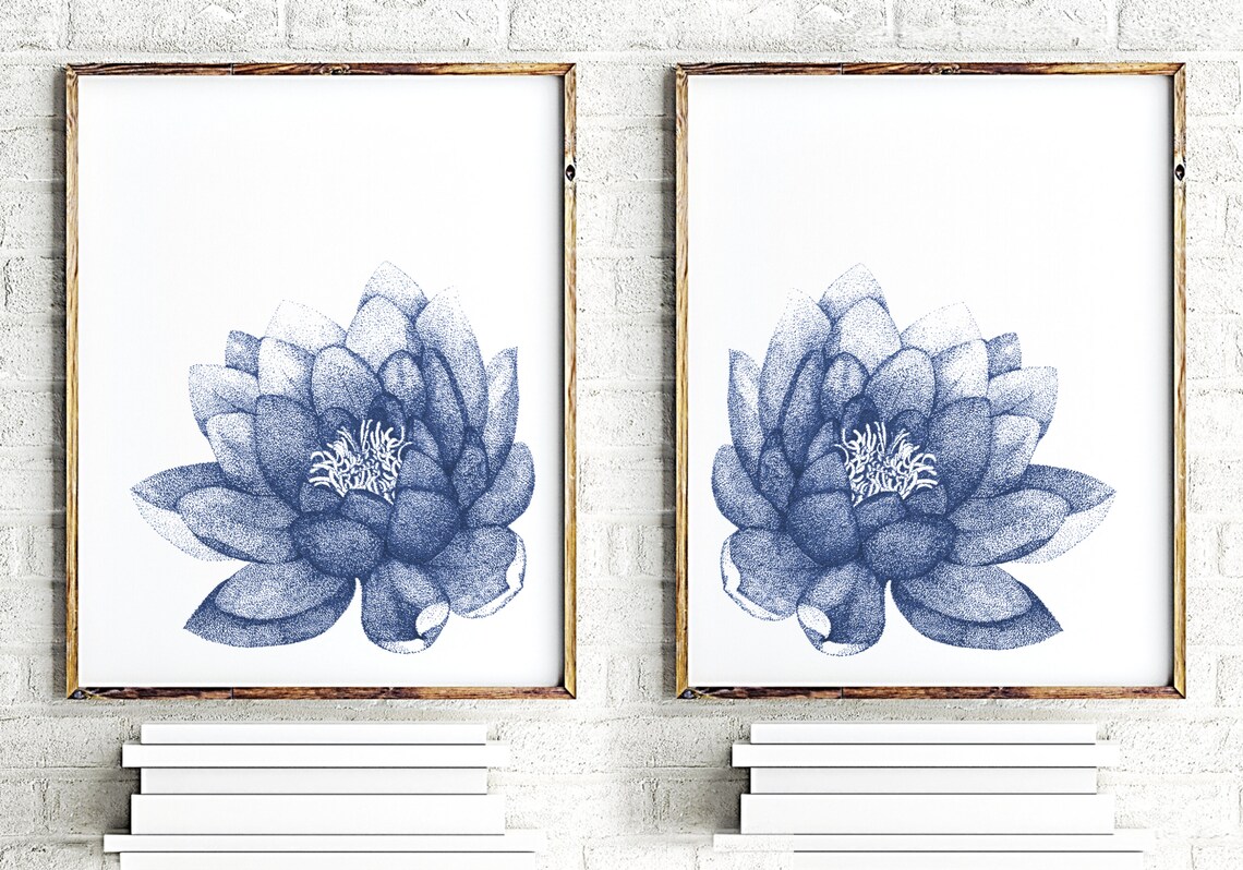 Lotus Flower Navy Blue Wall Art Set of 2 Printables for Living Etsy India