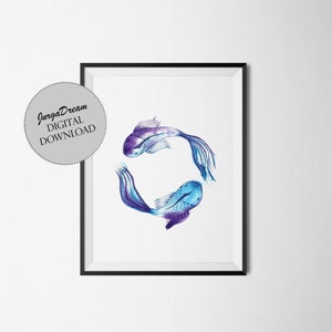 Purple blue Pisces zodiac printable art. Nautical wall art. Bathroom wall decor instant downloadable.