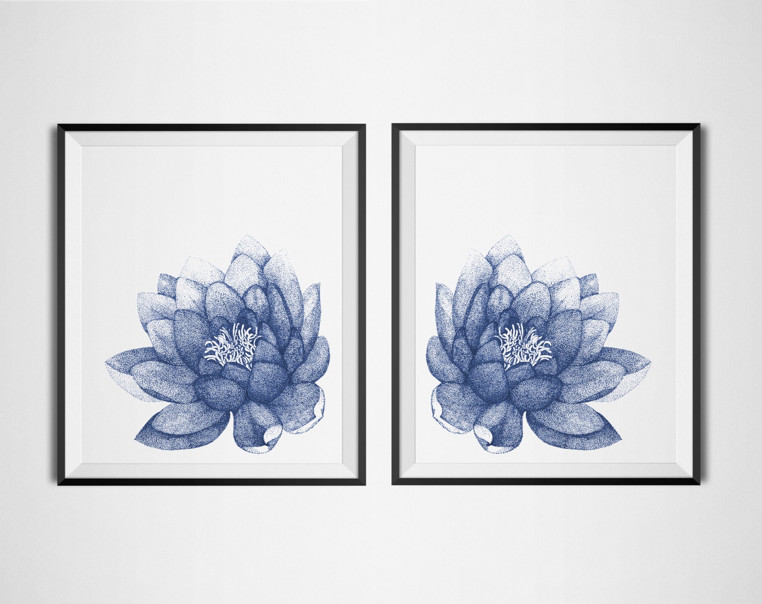 Lotus flower navy blue wall art set of 2 printables for living | Etsy