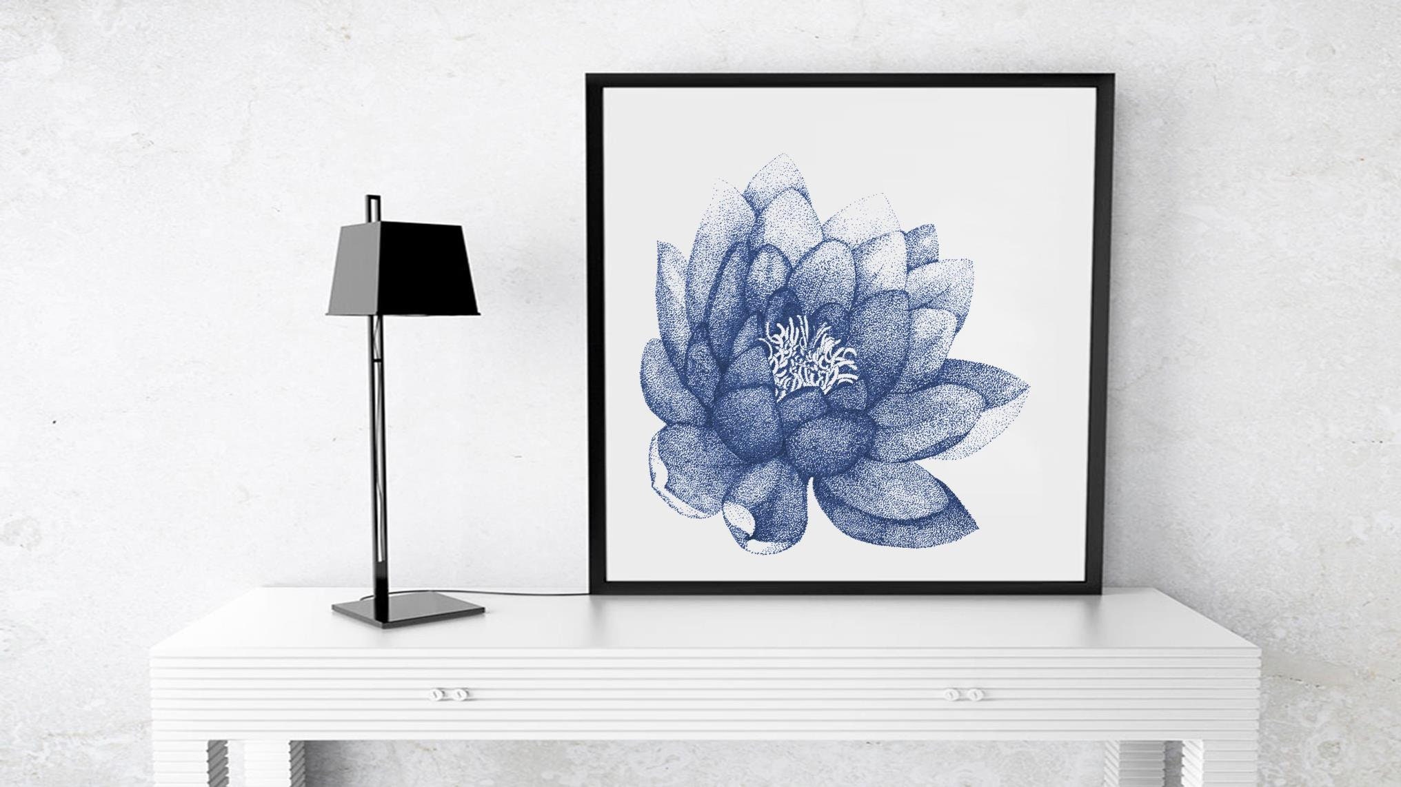Floral Printable Painting of Navy Blue Lotus Flower for Living Room ...