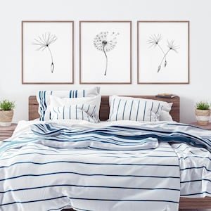 Juego minimalista monocromático de flores de diente de león para pared. Juego de arte de pared de dormitorio en blanco y negro de 3 estampados florales.