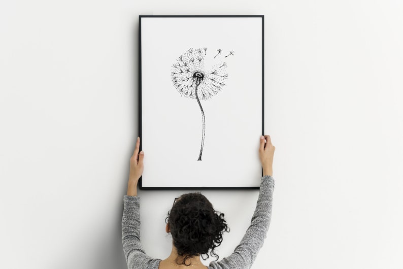 Dandelion Wall Art Gray Flowers Print Living Room Wall Decor Etsy
