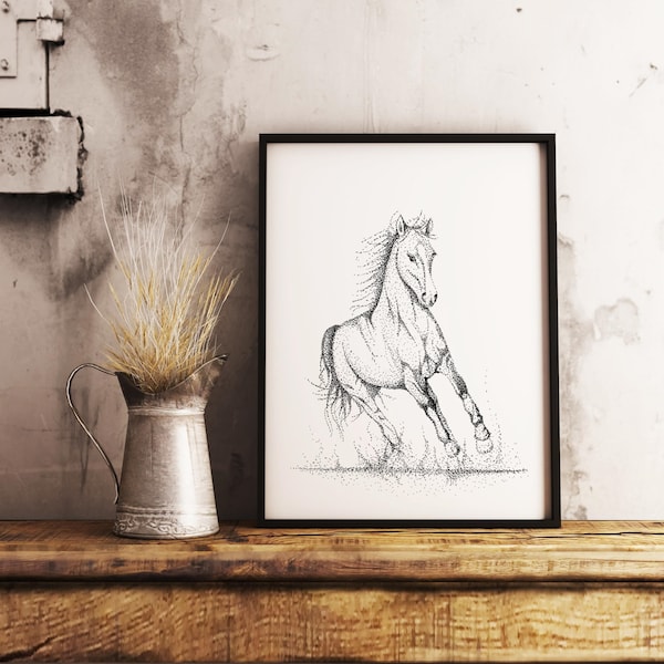 Instant download black horse ink painting, horse gifts under 10 dollars for horse lover or farmhouse decor