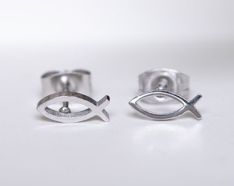 Ichthys | Fish Stud Earrings | Earrings | Mini Silver Stud Earrings | Gift for Girlfriend | Stainless Steel Stud Earrings | Ear Jewelry | Silver Stud Earrings