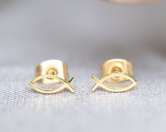 Ichthys | Fish Stud Earrings | Earrings | Mini Gold Stud Earrings | Gift for Girlfriend | Stainless Steel Stud Earrings | Ear Jewelry | Gold Stud Earrings