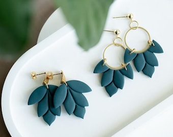 Polymer clay earrings, clay earrings, statement earrings, handmade, dark green petrol, LOTUS