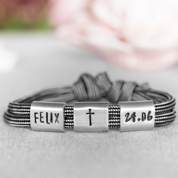 Bracelet Communion, Family Bracelet, Personalized with Engraving Hand Stamped, Birthday Confirmation Gift for Boys & Men Paracord